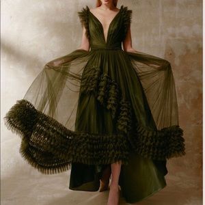 Edition Gemy Maalouf Olive Green Gown Evening Dress 6 Dramatic Tulle Sparkly